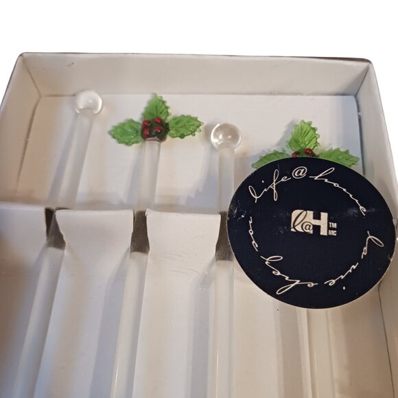 Vintage 2004 Loblaws Christmas Glass Stir Sticks Holly Leaf Green Sealed Set - Picture 6 of 10